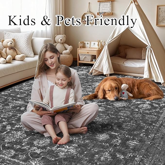 Washable Area Rug 9x12 Black Rugs for Living Room, Vintage Boho Large Rug for Bedroom Dining Room Office, Distressed Floral Print Carpet for Under Table, Soft Non Slip Low Pile Throw Carpet Indoor Mat