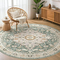 Round Rug Living Room Rugs: 6x6 Washable Boho Neutral Large Circle Soft Indoor Distressed Stain Resistant Floor Farmhouse Carpet for Bedroom Nursery Kids Playroom Office Dining Room Dorm- Green