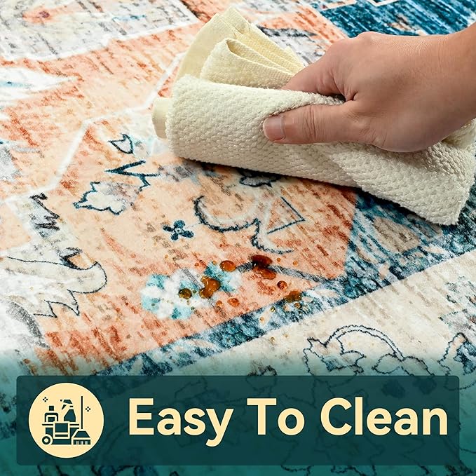 YJ.GWL Area Rugs for Living Room 9x12 Machine Washable Rugs, Non Slip Floral Vintage Rug Indoor Carpet, Stain Resistant Large Rug for Bedroom Dining Room, Dark Blue