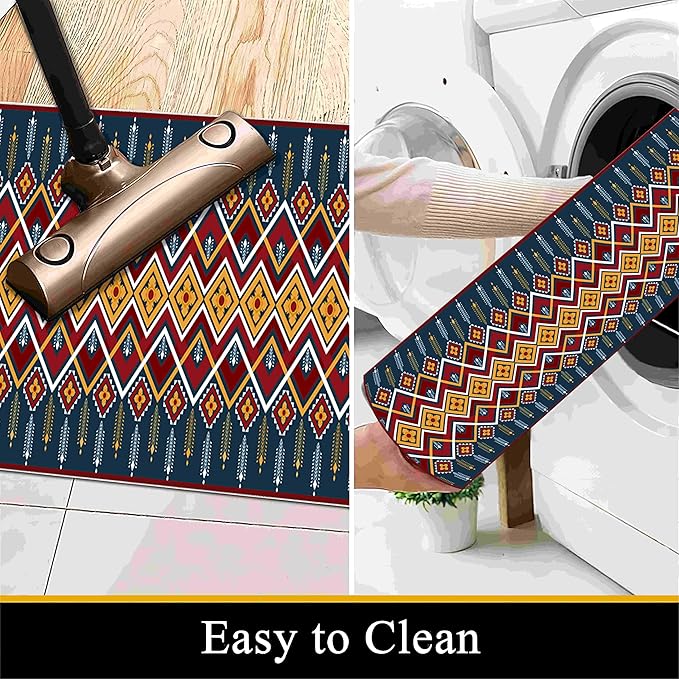 Dark Blue Runner Rug, 2x7ft Red Yello Diamond Hallway Decor Carpet, Corridor & Foyer Long Accent Rug, Entrance Non-Slip Mat Washable Rugs, Southwestern Stylish Home Decor Runner
