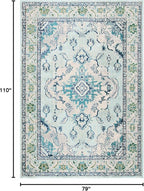 SAFAVIEH Monaco Collection Area Rug - 6'7" x 9'2", Light Blue & Ivory, Boho Chic Medallion Distressed Design, Non-Shedding & Easy Care, Ideal for High Traffic Areas in Living Room, Bedroom (MNC243K)