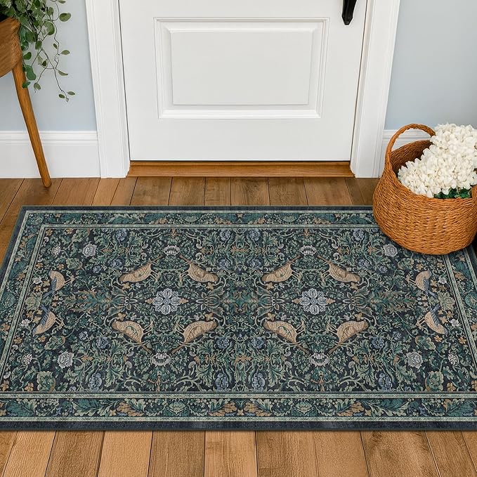 Washable Floral Small 2x4 Thin Door Mats for Inside Entry, Dark Blue Bird Non Slip Kitchen Rug, Low Pile Bathroom Rug, Traditional Carprt for Bedroom Besdide Bed