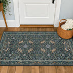 Washable Floral Small 2x3 Dark Blue Entryway Rugs Indoor, Botanical Bird Kitchen Floor Mats, Non-Slip & Soft Boho Carpet for Bathroom, Low Pile Stain Resistant Throw Rugs Bedroom