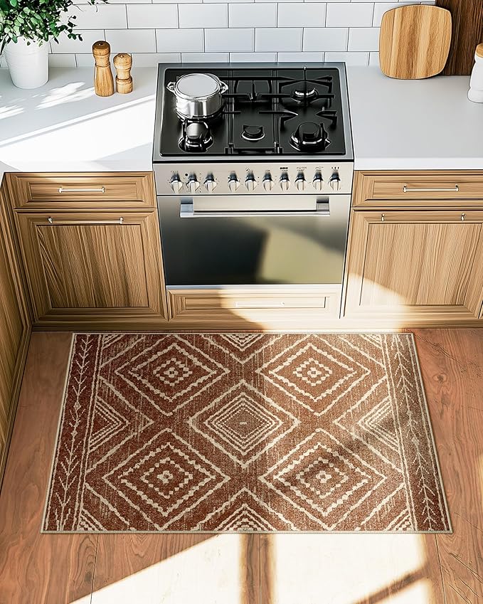 Area Rug 2x4 Rug Machine Washable Non-Slip Low Pile Print Pattern Western Rug for Living Room Bedroom Entryway Tribal Series-Yellowbrown/Cream