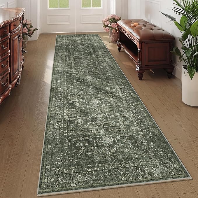 2x10 Hallway Washable Runner Rug Vintage Green Boho Extra Long Runners for Kitchen, Bathroom, Distressed Floral Floor Mat Non-Slip Farmhouse Carpet