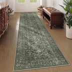 2x10 Hallway Washable Runner Rug Vintage Green Boho Extra Long Runners for Kitchen, Bathroom, Distressed Floral Floor Mat Non-Slip Farmhouse Carpet
