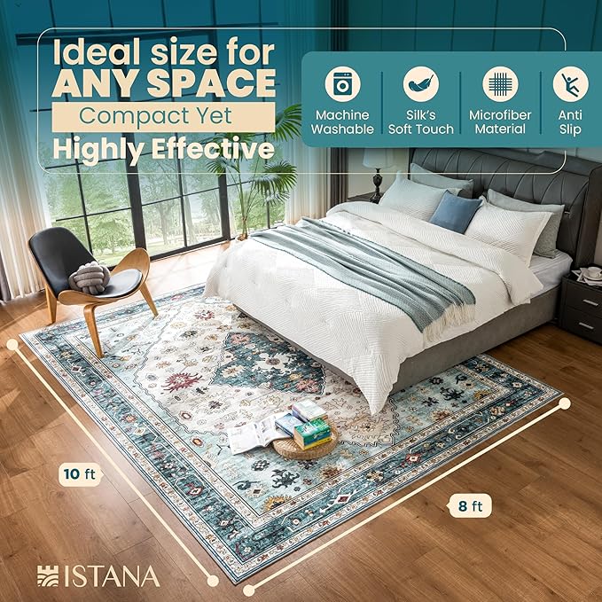 Istana Rugs 8x10 - White Cream/Blue Area Rug - Foldable Stain Resistant Bedroom 8x10 Area Rugs - Washable Rug - 8 x 10 Area Rugs for Living Room - Eco-Friendly Area Carpet