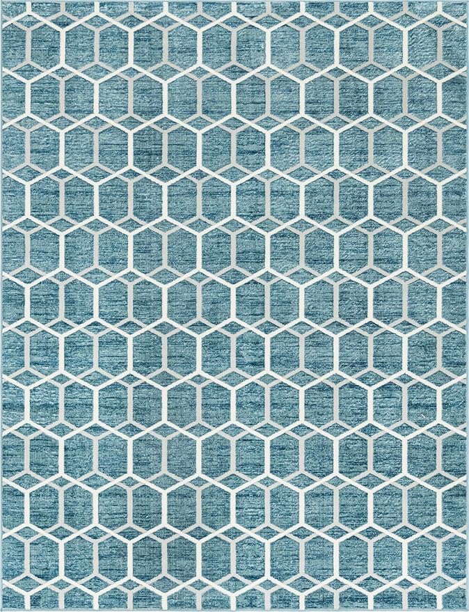 Rugs.com Lattice Trellis Collection Rug – 9' x 12' Blue Low-Pile Rug Perfect for Living Rooms, Large Dining Rooms, Open Floorplans