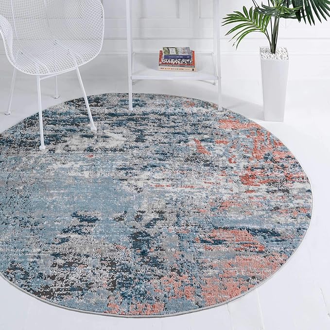 Rugs.com Leipzig Collection Round Rug – 7 Ft Round Multi Low-Pile Rug Perfect for Kitchens, Dining Rooms