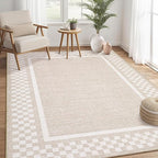 GarveeHome Area Rug 9x12 Living Room Rug Modern Bordered Soft Large Area Rugs for Bedroom Washable Checkered Dining Room Throw Carpet Non Slip Stain Resistant Geometric Rugs for Home Office, Beige