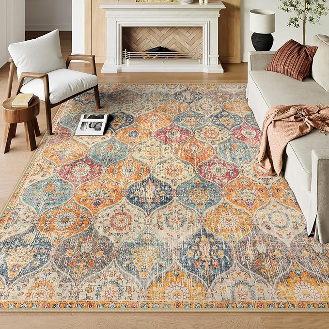 Lahome Moroccan Washable Area Rugs 9x12 Living Room, Soft 9x12 Area Rug for Bedroom, Oriental Non-Slip Non Shedding Throw Large Carpet for Dining Room Office, Cream/Multi