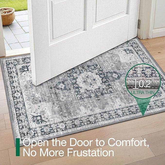 LUMI Indoor Thin Door Mat, 32x47 Washable Small Inside Doormat, Non Slip Low Pile Oriental Floor Carpet, Vintage Distressed Area Rug for Front Door,Entrance,Bedroom, Blue