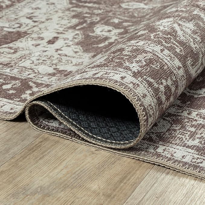 Bloom Rugs Washable Non-Slip 4' x 6' Rug - Dark Brown Traditional Medallion Area Rug for Living Room, Bedroom, Dining Room, and Kitchen - Exact Size: 4' x 6'