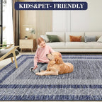 GarveeHome 9x12 Large Modern Navy Blue Area Rug Distressed Bordered Soft Non Shedding Floor Carpet, Geometric Washable Non Slip Low Pile Indoor Area Rug for Living Room, Bedroom