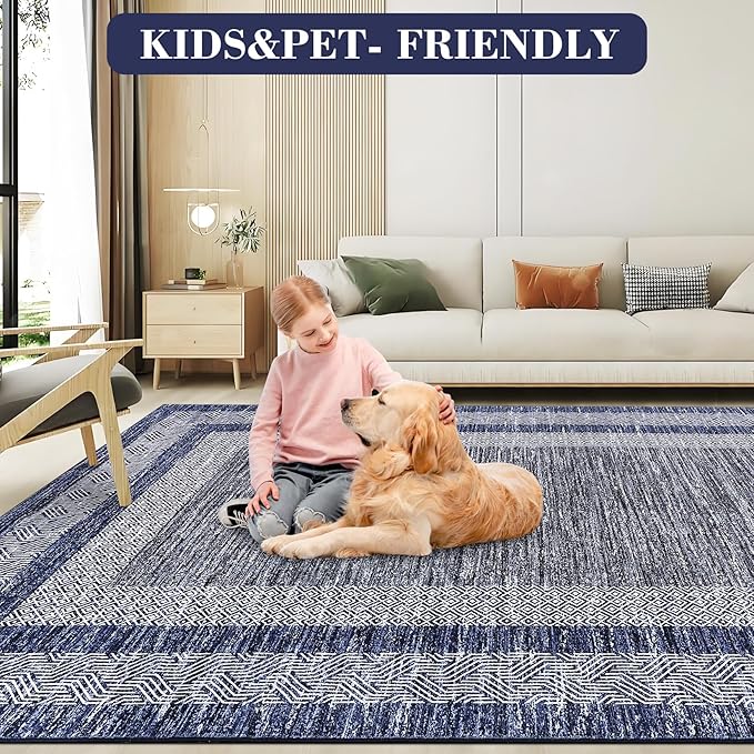 GarveeHome 10x13 Large Washable Geometric Area Rug Non Slip Non Shedding Floor Carpet, Modern Bordered Distressed Navy Blue Indoor Printed Rug for Living Room, Bedroom, Office