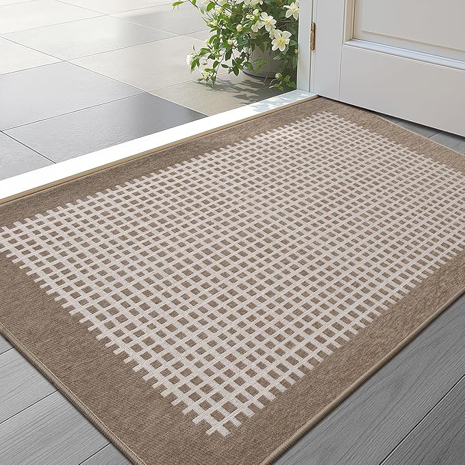 LUMI Inside Door Mat for Entry 24''x36'', Absorbent, Dirt Trapper, Low Profile Thin, Non Slip Mats with Rubber Backing, Ideal for Indoor, High Traffic, Garage, Entrance, Checkered Beige