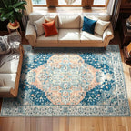 YJ.GWL Area Rugs for Living Room 6x9 Machine Washable Rugs, Non Slip Floral Vintage Rug Indoor Carpet, Stain Resistant Large Rug for Bedroom Dining Room, Dark Blue
