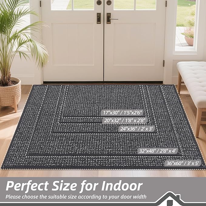 BEQHAUSE Dirt Trapper Door Mat 17" x 30", Non-Slip Doormats (Rolled-Up NO Creases) Washable Entryway Rug, Dirt Resist and Absorbent Welcome Mat, Low Profile Floor Mats for Front Back Door, Charcoal