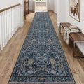 Washable Runner Rug 2x10: Vintage Boho Floral Carpet Runners for Hallway Entryway Non-Slip - Soft Botanical Low Pile Thin Mat for Kitchen Bathroom Bedroom Laundry Floor Decor - Slate Blue