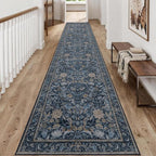 Washable Runner Rug 2x10: Vintage Boho Floral Carpet Runners for Hallway Entryway Non-Slip - Soft Botanical Low Pile Thin Mat for Kitchen Bathroom Bedroom Laundry Floor Decor - Slate Blue