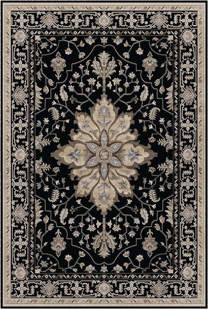 Area Rugs 2'x7' Washable Non-Slip, Floral Vintage Distress Print Pattern Medallion Carpet for Living Room Bedroom Dining Room, Black Brown Neutral Dark Tan