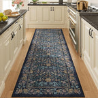 DOKINO 2x10 Runner Rug for Hallway, Vintage Washable Long Kitchen Rug with Low Pile Design, Floral Non Slip Soft Carpet Runner for Hallway, Kitchen, Bathroom, Bedroom, Dark Blue
