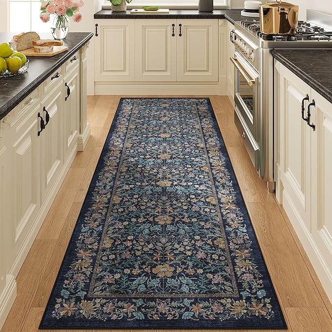 DUKINO 2x6 Runner Rug for Hallway, Washable Vintage Floral Kitchen Rug with Non Slip Backing, Soft Low Pile Throw Carpet Runner for Kitchen, Laundry, Hallway, Bathroom, Dark Blue