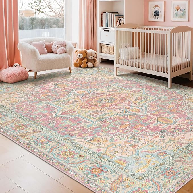 Kokia 5x7 Washable Area Rugs Pink Orange with Vintage Orient Design, Soft Rug for Living Room or Bedroom, Non-Slip Low Pile Stain Resistance Features, Distressed Medallion Pattern