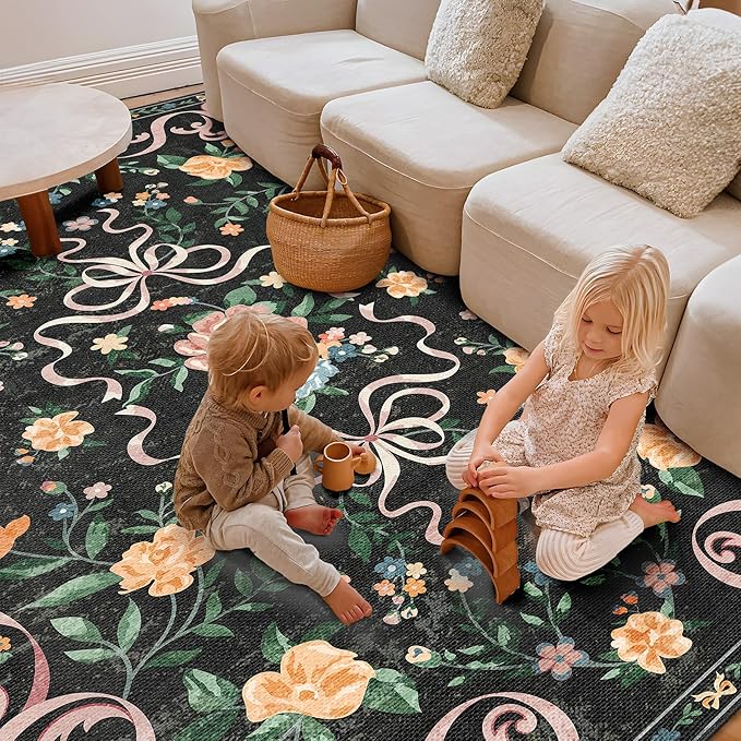 Black Rug Bow Floral Rug for Girls, 2x3 Washable Small Area Rug for for Entryway, Kitchen, Front Door Indoor Entrance, Non Slip Carpet for Bathroom Bedroom Living Room