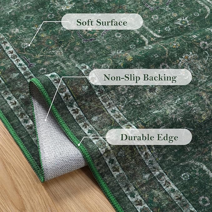 Moynesa Green 8x10 Living Room Rug, Vintage Washable Area Rug for Bedroom Dining Room Office, Low Pile Soft Non-Slip Retro Accent Carpets for Kitchen Indoor Nursery