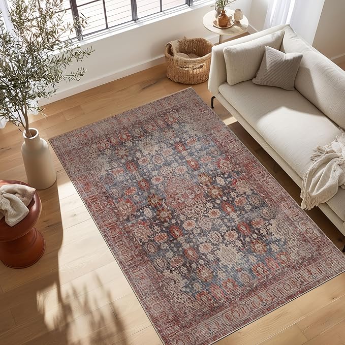 Kuden 5x7 Area Rug, Machine Washable Area Rug with Non-Slip Backing, Vintage Style, Soft, Easy Clean, Low Pile Rug for Living Room, Bedroom, Dining Room