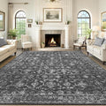 Washable Area Rug 9x12 Black Rugs for Living Room, Vintage Boho Large Rug for Bedroom Dining Room Office, Distressed Floral Print Carpet for Under Table, Soft Non Slip Low Pile Throw Carpet Indoor Mat