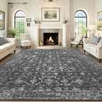 Washable Area Rug 9x12 Black Rugs for Living Room, Vintage Boho Large Rug for Bedroom Dining Room Office, Distressed Floral Print Carpet for Under Table, Soft Non Slip Low Pile Throw Carpet Indoor Mat