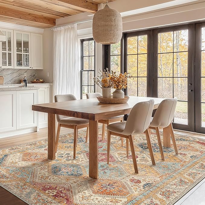 Bavni 6x9 Area Rugs for Living Room, Machine Washable Rug Non Slip, Vintage Chenille Distressed Print Carpet, Large Low Pile Ultra-Thin Lightweight Rugs for Bedroom, Dining Room, Home, Office, Orange