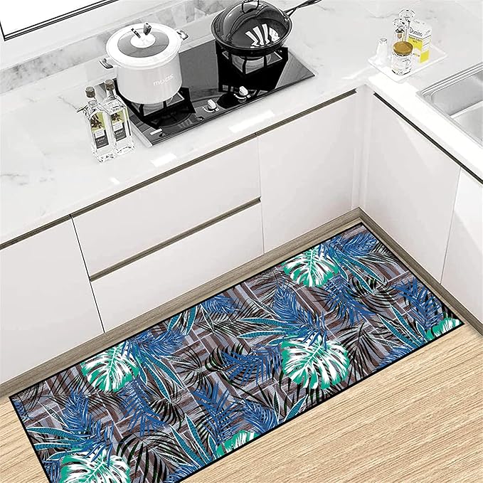 2.6x10 ft Runner Rug Tropical Blue - Non-Slip Low-Pile & Washable for Hallway, Living Room, Bedroom - Botanical Leaf Print Plush Soft - No Linting Easy Clean Indoor Carpet