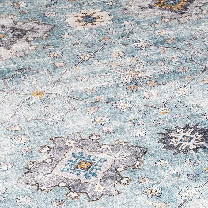 ReaLife Rugs Machine Washable Area Rug Runner - Living Room Bedroom Bathroom Kitchen Entryway Office - Padded Low Pile Stain Resistant Premium - Boho Farmhouse Vintage - BEV - Blue Ivory 2'6" x 6'