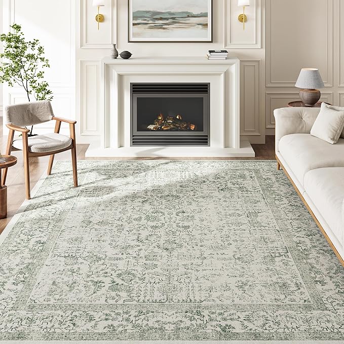 Sage Green Area Rug 5x7 Living Room Washable Carpet Vintage Distressed Non Slip Kitchen Carpet Neutral Low Pile Retro Floral Farmhouse Throw Rug for Home Office Bedroom Laundry Dining Room