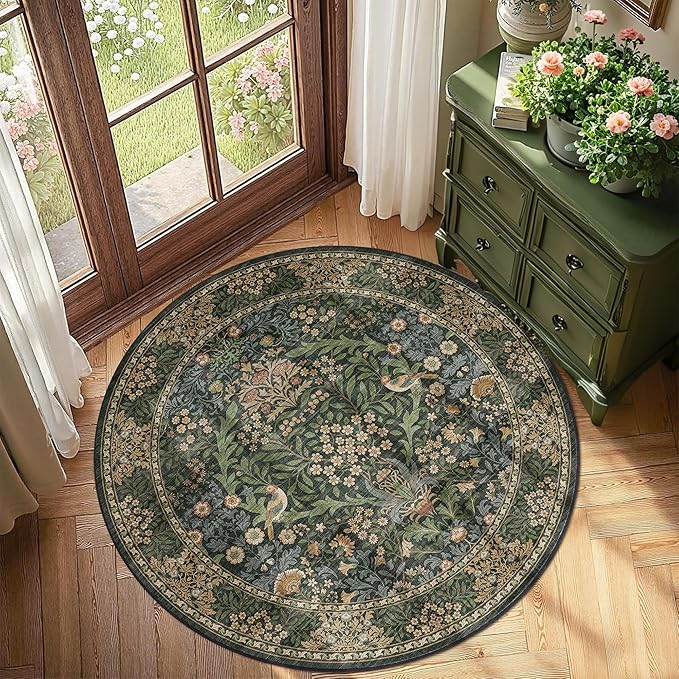 4ft Round Area Rugs for Living Room, Washable Floral Circle Rug Non Slip Low Pile, Vintage Boho Botanical Birds Throw Carpet for Farmhouse, Bedroom, Dining Room, Retro Gold/Green