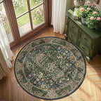 4ft Round Area Rugs for Living Room, Washable Floral Circle Rug Non Slip Low Pile, Vintage Boho Botanical Birds Throw Carpet for Farmhouse, Bedroom, Dining Room, Retro Gold/Green