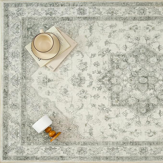 Green Area Rug 6x9 Washable Living Room Carpet Vintage Non Slip Soft Bedroom Indoor Office Retro Low Pile Thin Oriental Medallion Large Rug for Dining Room Playroom