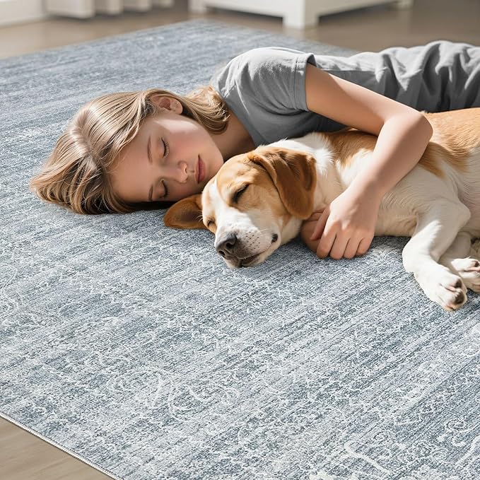 10x14 Area Rugs Living Room: Washable Large Vintage Blue Rug Neutral Non-Slip Soft Stain Resistant Indoor Carpet for Bedroom Nursery Dining Room Under Table Bed Home House Office Playroom
