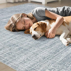 8x10 Area Rugs Living Room: Washable Large Vintage Blue Rug Neutral Non-Slip Soft Stain Resistant Indoor Carpet for Bedroom Nursery Dining Room Under Table Bed Home House Office Playroom