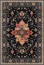Area Rugs 2'6''x12' Washable Non-Slip, Floral Vintage Distress Print Pattern Medallion Carpet for Living Room Bedroom Dining Room, Black Colorful Floral Dark Tan