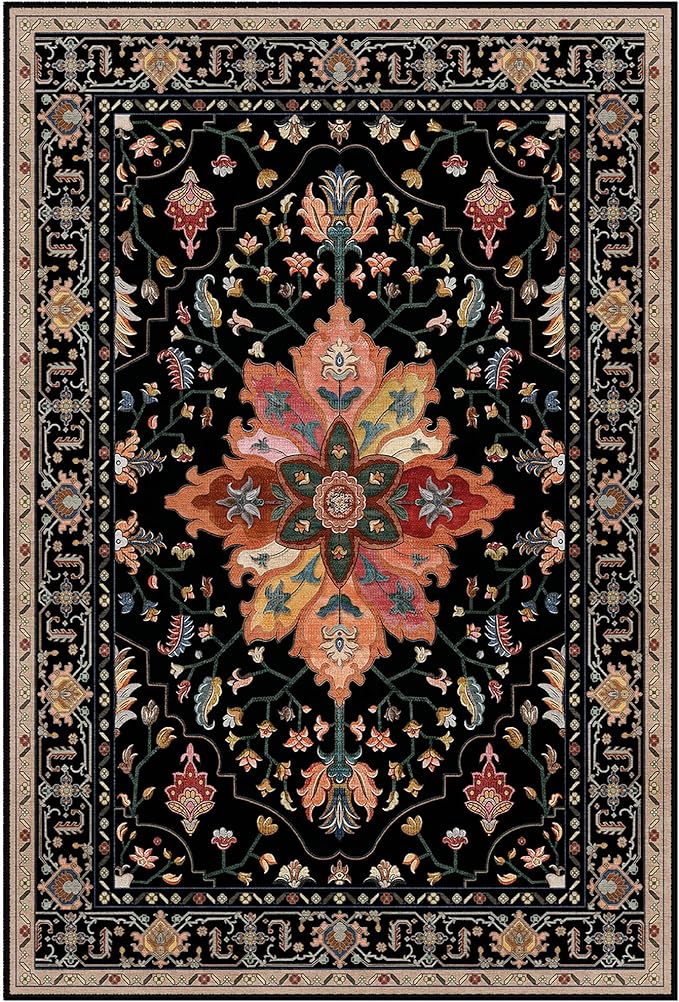 Area Rugs 4'x5' Washable Non-Slip, Floral Vintage Distress Print Pattern Medallion Carpet for Living Room Bedroom Dining Room, Black Colorful Floral Dark Tan