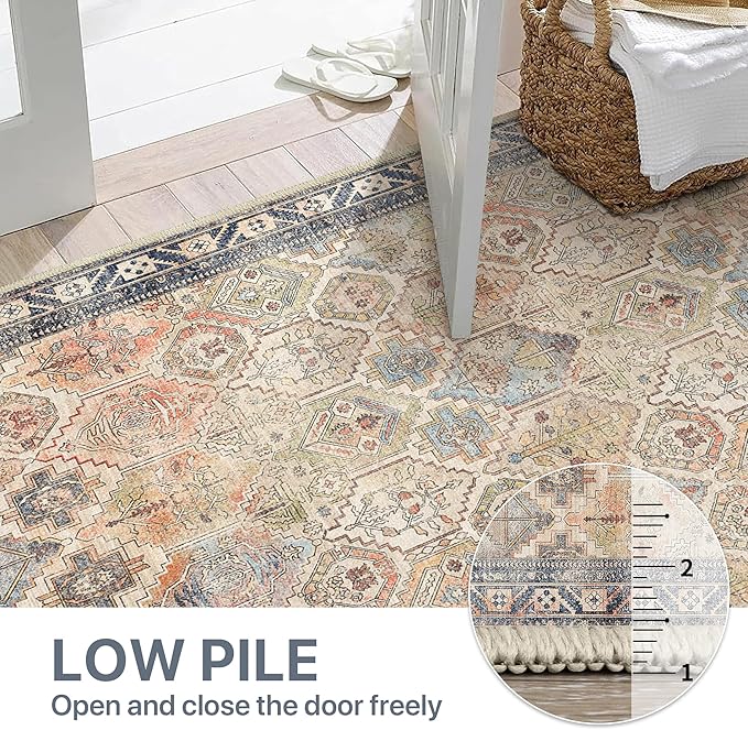 Bavni Washable Rug 5x7 Area Rug for Living Room Bedroom Dining, Washable Vintage Print Carpet, Ultra-Thin Low Pile Lightweight Rug with Non Slip Backing, Multi Beige
