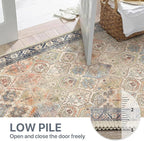 Bavni Washable Rug 8x10 Area Rug for Living Room Bedroom Dining, Washable Vintage Print Carpet, Ultra-Thin Low Pile Lightweight Rug with Non Slip Backing, Multi Beige
