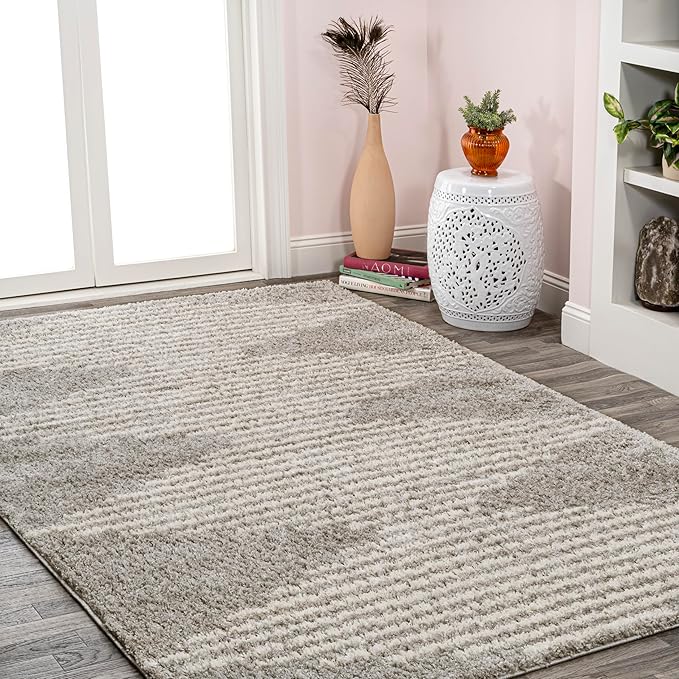 JONATHAN Y Elm Diamond Stripe Shag Gray/Ivory Indoor Area Rug, 3x5, Geometric, Bohemian, Contemporary, Easy-Cleaning for Living Room, Bedroom, Kitchen, Pet Friendly, Non-Shedding (MOH408B-3)