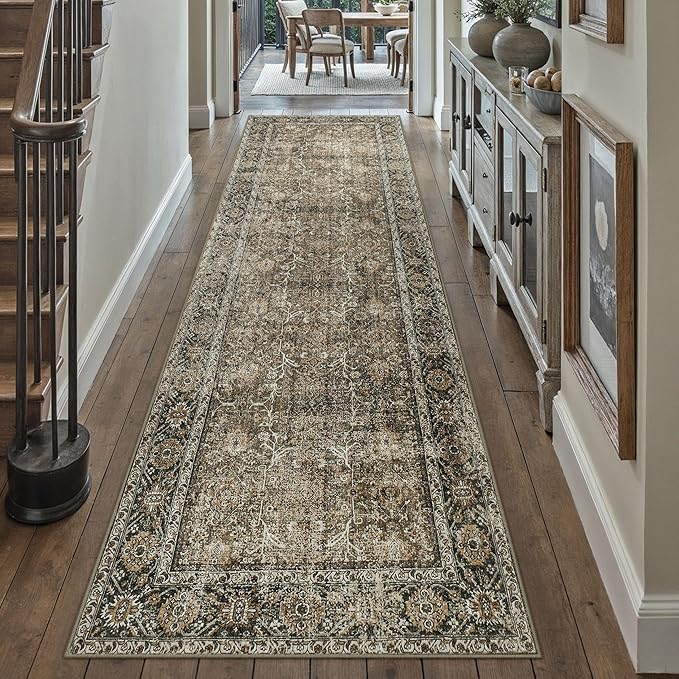 Brown Runner Rug 2'6"x18' Vintage Area Carpet Hallway Long Indoor Kitchen Washable Living Room Low Pile Traditional Distressed Retro Accent Rug Non Slip Laundry Bathroom Office Dining Room