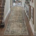 Brown Runner Rug 2'6"x14' Vintage Area Carpet Hallway Long Indoor Kitchen Washable Living Room Low Pile Traditional Distressed Retro Accent Rug Non Slip Laundry Bathroom Office Dining Room