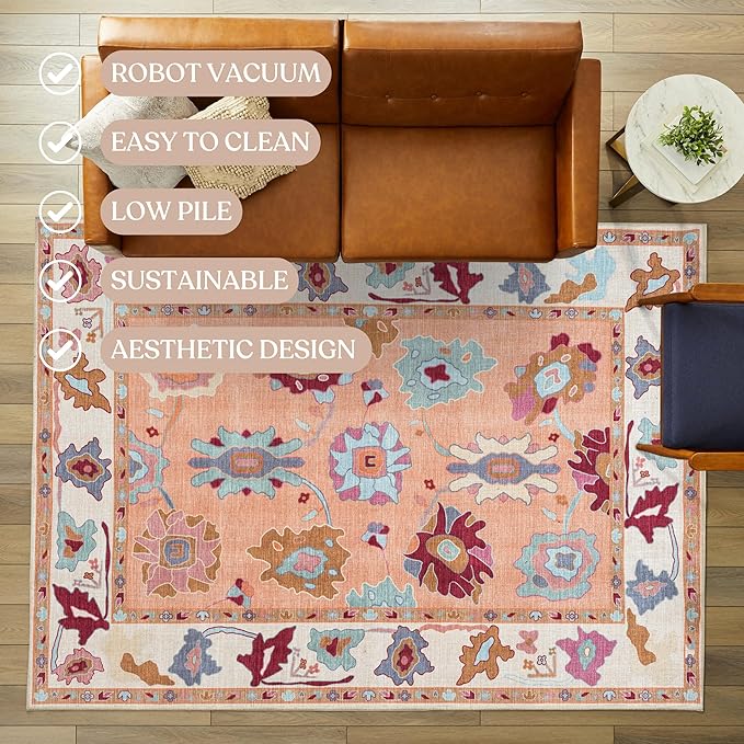 Fame Living Orange Oushak Rug, Modern Rugs, Vintage, Turkish, Eclectic, Floral, Pastel, Washable, Small Throw, Accent Area Rug for Living Room, Bedroom, Kitchen, Bathroom, 2'5"x4'9"